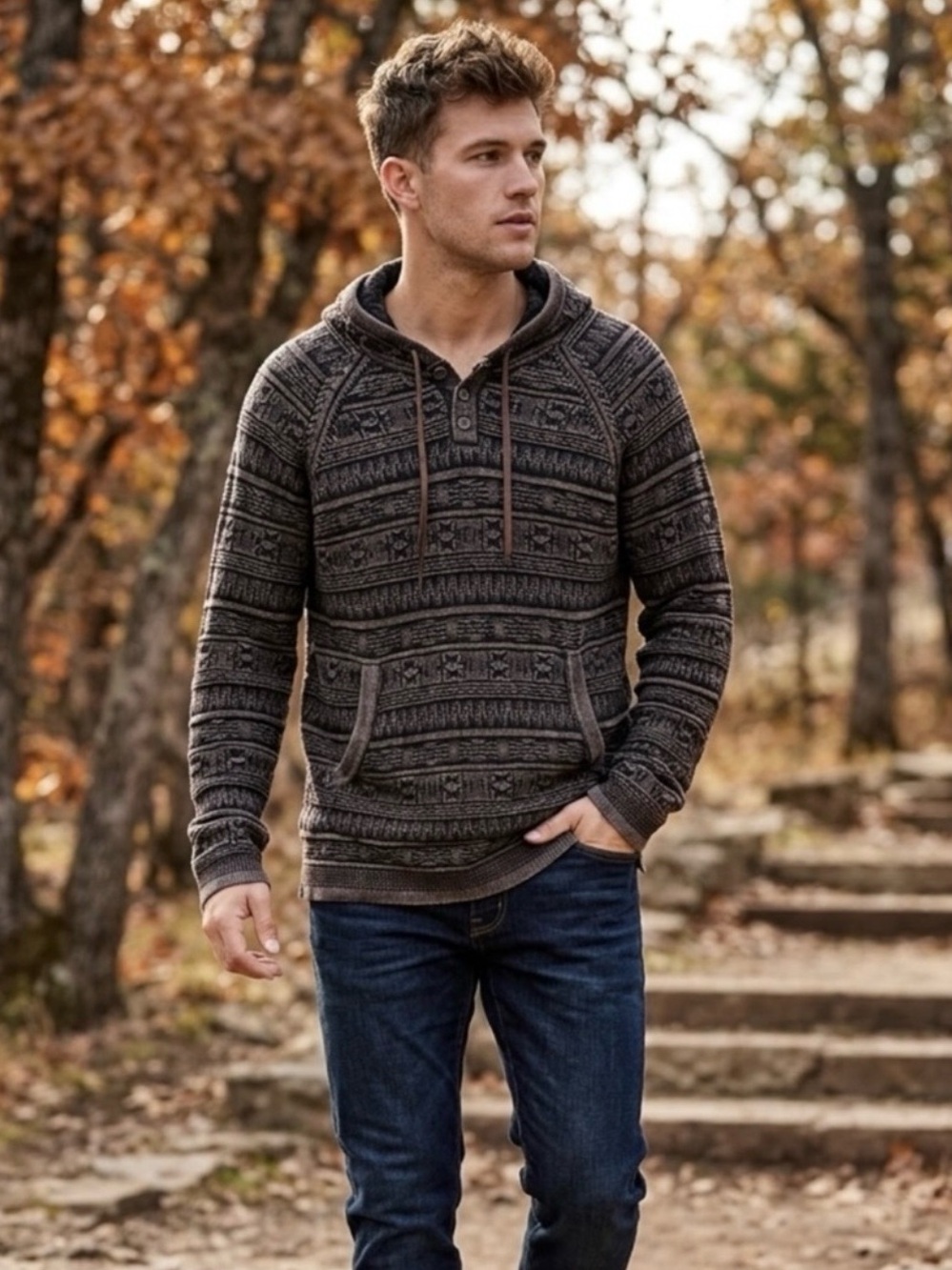 Carbon 2 Cobalt Men's Brown Tribal Aztec Henley Hoodie Sweater Large